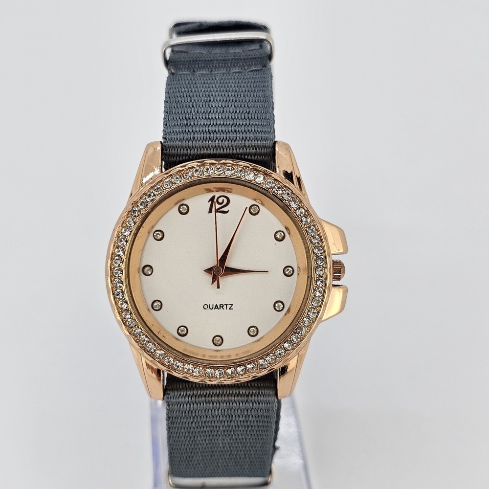 Women Analog Watch 36MM Gold Dial Crystal Bezel NEW Gray Canvas Band NEW Battery
